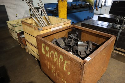 Lot 102 - Large metal bin of steel offcuts, wooden crate...
