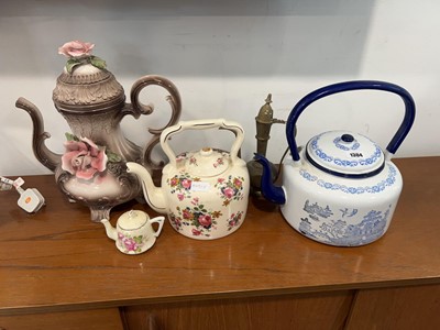 Lot 1304 - Collection of 5 teapots incl. large blue and...