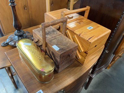 Lot 1352 - 2 wooden expanding work boxes and small tin of...