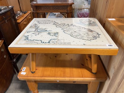 Lot 1367 - Small low level beech table with map of Malta...
