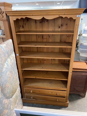 Lot 1393 - Modern pine open front bookcase with 2 lower...