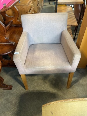Lot 1401 - Grey upholstered easy chair on tapered wooden...