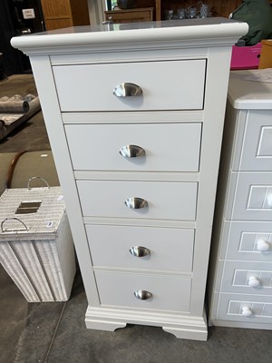 Lot 1403 - Modern white 5 drawer tall boy with brushes...