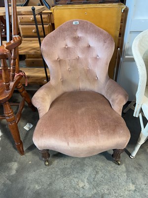 Lot 1405 - Pine button back upholstered nursing chair on...