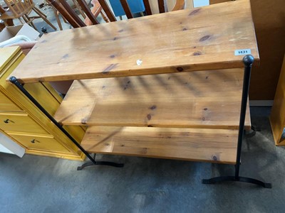 Lot 1431 - Wrought metal 3 tier shelving unit with pine...