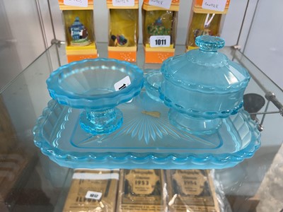 Lot 1010 - Blue glass dressing table set