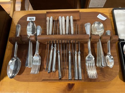 Lot 1021 - Cutlery set mounted to teak board with various...