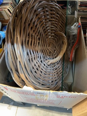 Lot 1452 - Box containing shallow wicker basket, shallow...