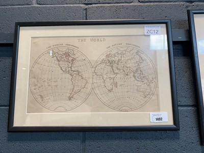 Lot 1492 - Framed and glazed world map and 2 continental...