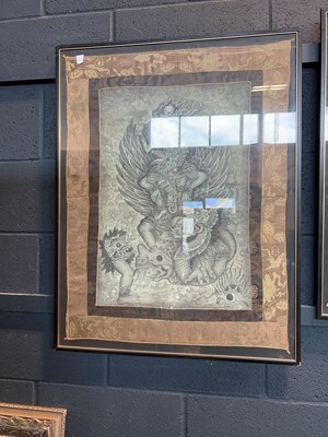 Lot 1499 - Set of 3 black and gilt framed Eastern silks...