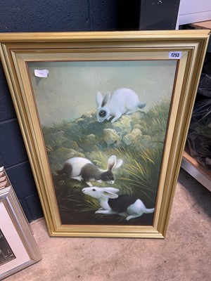 Lot 1293 - Framed and glazed painting of 3 rabbits in meadow