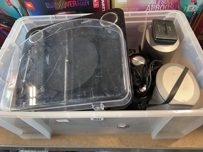 Lot 1532 - Clear crate containing an ION turntable, Sony...