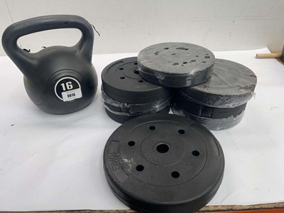 Lot 3615 - 16kg kettlebell, 1 10kg weight plate and 7 5kg...