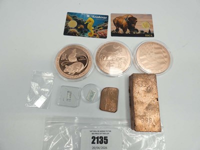 Lot 2135 - Mixed metals; 3x 5oz copper coins, 600g & 10g...