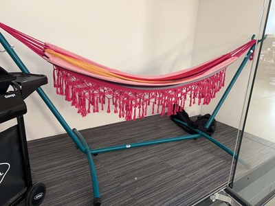 Lot 4151 - Multi-coloured hammock on blue metal frame