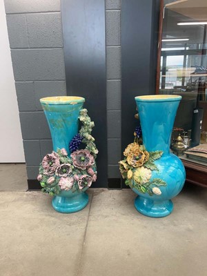 Lot 5001 - Pair of Majolica style floor standing vases...