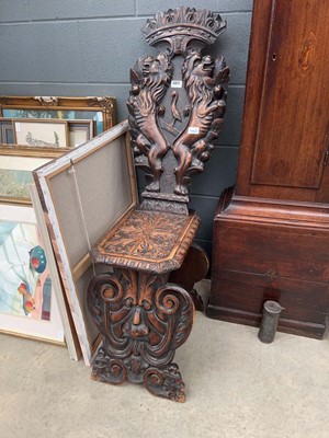 Lot 5021 - Oak carved hall chair with lion and crown splat