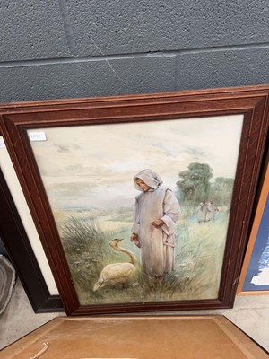 Lot 5034 - Watercolour of hooded figure and swan together...