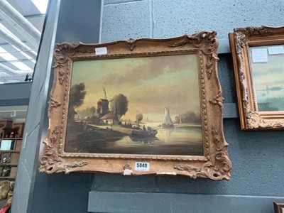 Lot 5040 - Oil on panel depicting boats in estuary