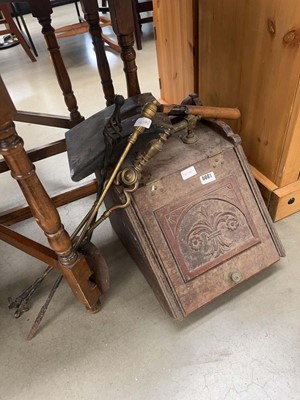 Lot 5081 - Mahogany coal scuttle with various fire irons etc