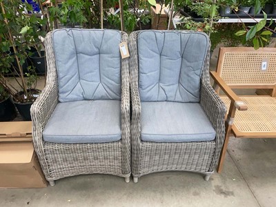 Lot 4221 - Two grey rattan garden chairs with grey cushions