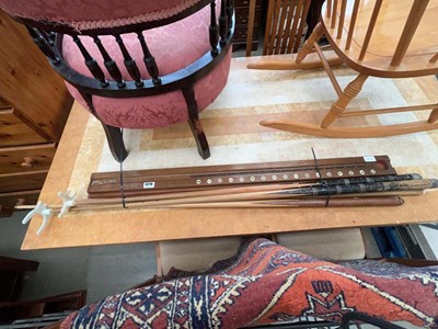 Lot 5219 - Group of pool cues, rests and scorer