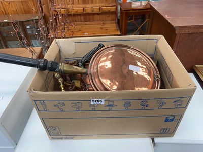 Lot 5255 - Box containing a copper warming pan, copper...