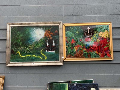 Lot 5261 - Oil on canvas of a brightly coloured jungle...