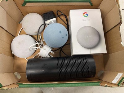 Lot 2297 - Box containing Google Nest Mini, speakers etc