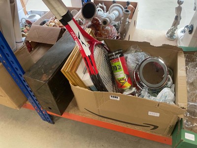 Lot 5395 - Box containing pictures, Slazenger racket,...