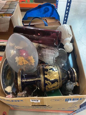 Lot 5429 - Box containing decorative ceramics, glass jug,...