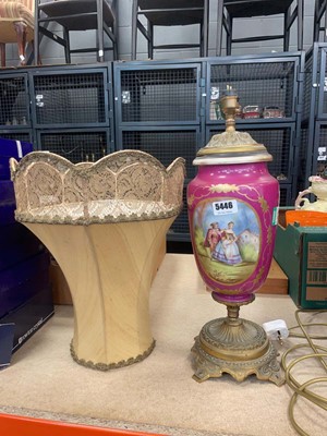 Lot 5446 - Gilt and porcelain table lamp with shade