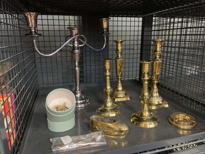Lot 5521 - Cage containing brass candle sticks, silver...