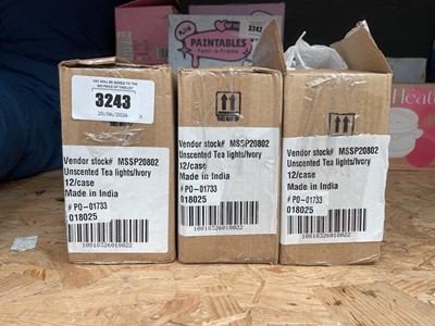 Lot 3243 - 3 boxes of unscented tea lights