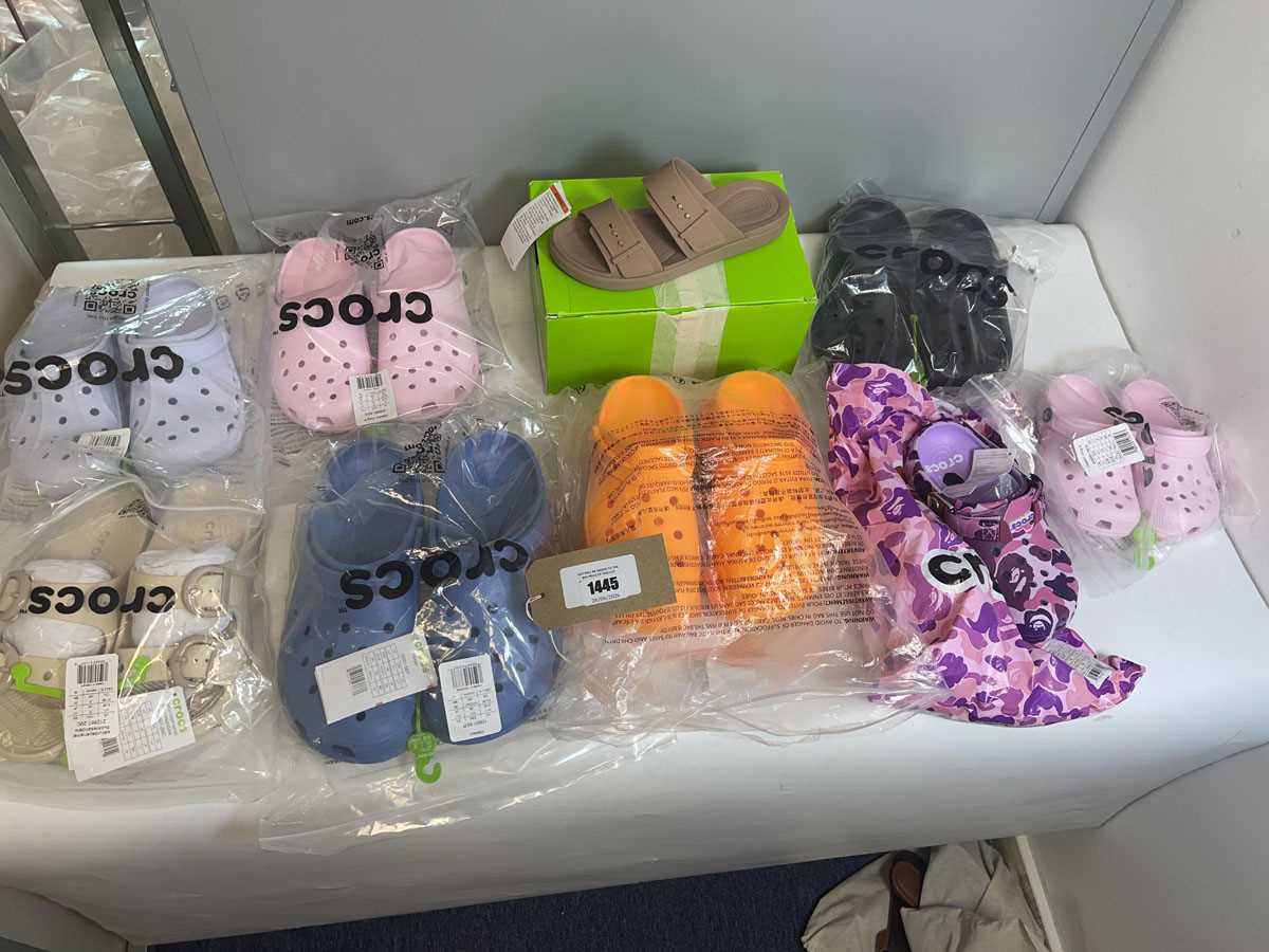 Lot 9x Pairs of Crocs in various styles and sizes