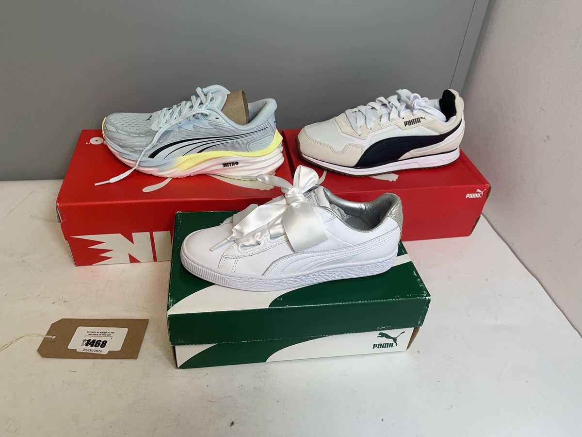 Lot 3x Boxed pairs of Puma trainers in various...