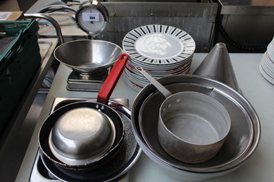 Lot 364 - Stack of assorted plates, Salter scale set and...