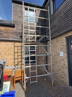 Lot 2528 - Aluminium 10m. scaffold tower with platform