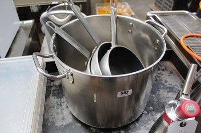 Lot 502 - Large twin-handled cooking pot and 3x various...