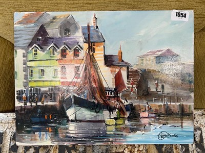 Lot 1054 - Unframed painting of a harbor scene scene,...