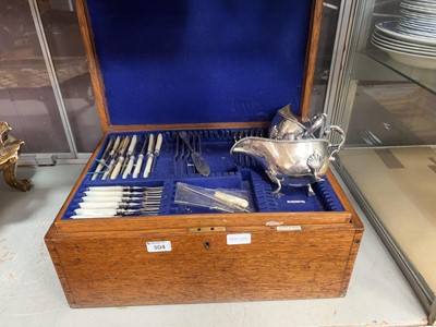 Lot 305 - Oak cased six place part canteen of sauce...