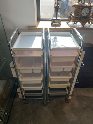 Lot 1011 - 2 mobile metal framed hairdresser trolleys...