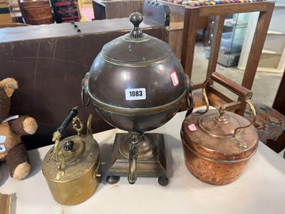 Lot 1083 - Vintage brass saovar and 2 copper kettles