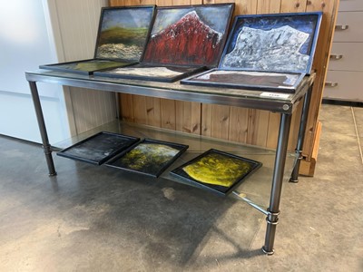 Lot 1338 - Pewter coloured metal coffee table with glass...