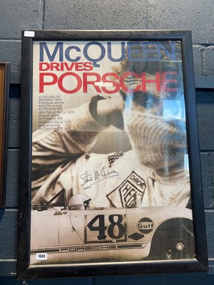 Lot 1343 - Framed print 'McQueen drives Porsche' bearing...