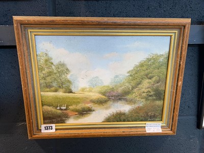 Lot 1373 - Framed oil on board of a river scene, signed...