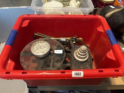 Lot 1407 - Red crate containing a set of platform scales,...
