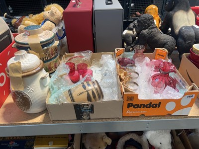 Lot 1414 - 2 boxes of Cranberry glass, clear glass and...