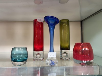 Lot 315 - Five pieces of coloured art glass including...