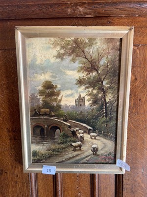 Lot 18 - A framed oil on canvas of a shepherding scene...